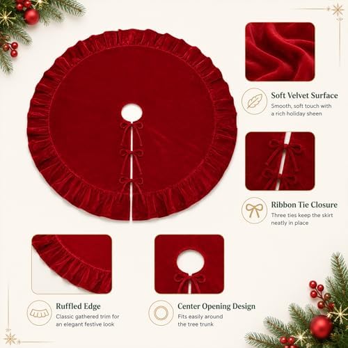 48-Inch Dark Red Ruffled Velvet Christmas Tree Skirt with 3 Bow Ties, Large Round Vintage Xmas Tree Base Cover for Christmas, New Year, Home Holida Party Decor, 122 cm - Image 4