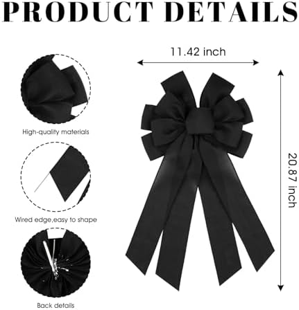 Black Large Bow for Wreath Tree Topper 11x21 Inch Linen Texture Wired Ribbon Big Bows for Front Door Halloween Farmhouse Decor Gift - Image 2