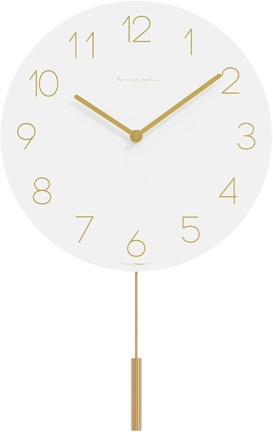mooas Flatwood Wall Clock Pendulum White,12" Wood Wall Clock Non-Ticking Sweep Movement Decorative Clock Battery Operated Clock for Home Living Room Kitchen Bedroom Office School