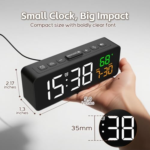 Netzu 3-in-1 Digital Clocks for Living Room, Small & Compact Alarm Clock | Temperature, Date & Time Display, 4 Birghtness, 3 Volumes, Plug-in, for Bedroom, Office - Image 2