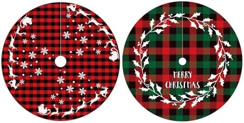 2-Piece Mini Christmas Tree Skirt - 15 Inch Buffalo Check Plaid Tree Skirt - Red & Black Plaid - Snowflake, Reindeer & Santa Designs by clothmile