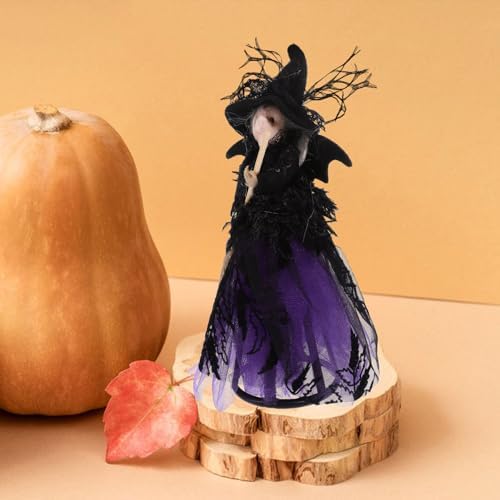 Alipis Halloween Witch Tree Topper, Black Witch Doll Ornament with Black Pointed Hat and Flying Broom Christmas Tree Top for Desktop Treetop Fireplace Halloween Decor - Image 2