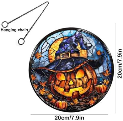 7.9inch Halloween Acrylic Stained Glass Window Hanging Decor Glow in Dark Spooky Pumpkin Wearing a Witch Hat Ornament with Metal Chain & Suction Cup Hook Wall Door Yard Pendant(B) - Image 6