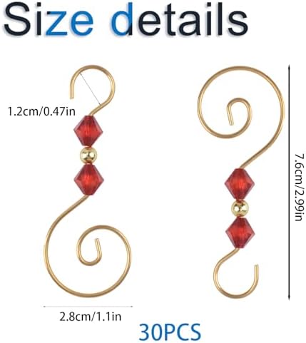 INCREWAY Christmas Ornament Hooks, 30PCS S-Shaped Hangers Hook Christmas Ornament Metal Hooks with Red Crystal Bead - Image 2