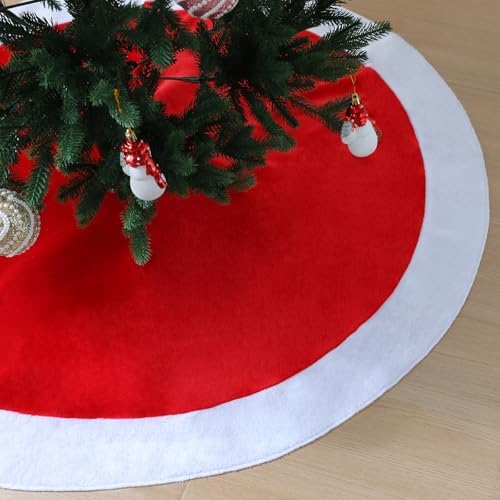 48" Red Plush Christmas Tree Skirt with White Border by TWSANTAMAS