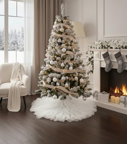 AOGU 60 Inch Fluffy Tulle Christmas Tree Skirt Vintage and Elegant Design Perfect for Christmas Tree Decorations White - Image 3