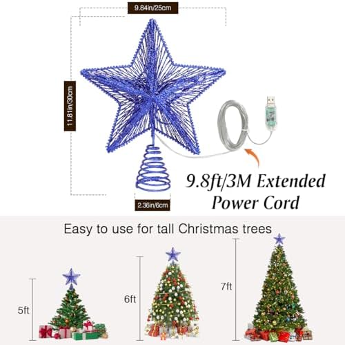 Lewondr Lighted Christmas Star Tree Topper with Remote & Timer, Blue - Image 4