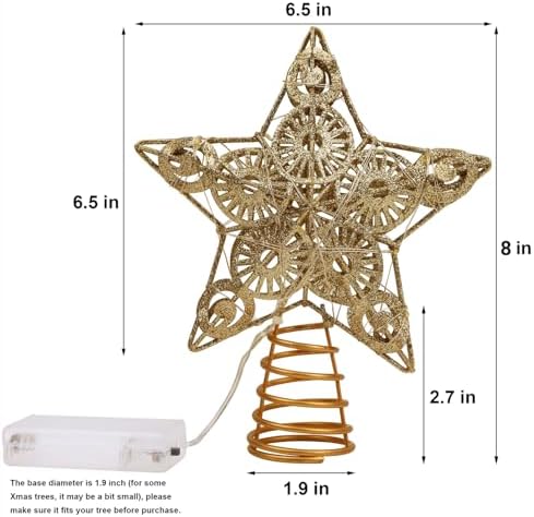 Juegoal Star Tree Topper with 20 LED Lights, Metal Golden Lighted Treetop Ornaments, Battery Powered Light Up Christmas Tree Decorations, 6.5 x 6.5 Inches - Image 2