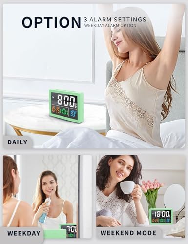 JALL Digital Clock with Date Day for Seniors, Electric Alarm Clocks for Bedrooms with Temperature, 2 Alarms, Dimmer, Dual USB Charger, Battery Backup, Volume Control, Snooze, Bedside Desk Clock, Green - Image 5
