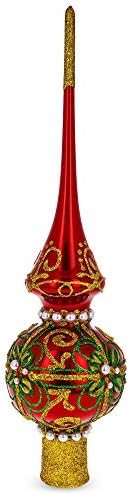 Green & Gold Glitter with Pearls Glossy Red Glass Christmas Tree Topper 11 Inches - Image 2