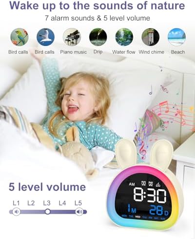 Alarm Clock for Kids, Ok to Wake Up Clock with 9 Color Night Light, Dual Alarms, 5 Level Volume & Brightness Adjustment, 6 Ringtones, Bedroom Alarm Clock for Toddlers, Teens, Girls Gifts - Image 4