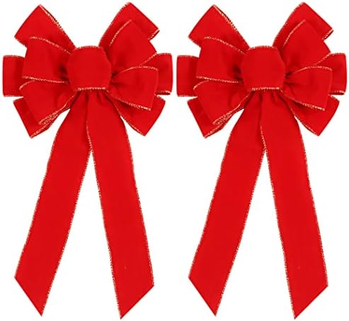 2 Pack Red Christmas Bows Outdoor Decorations,12?€?x20?€? Large Christmas Tree Topper Bow, Velvet Wreath Bow with Glitter Gold Edge for Xmas Home Front Door Decor by brand