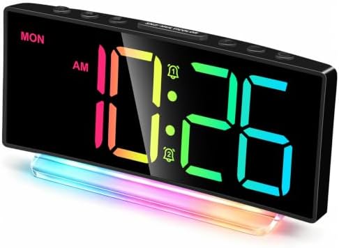 Cadmos Digital Alarm Clock - Extra Loud for Heavy Sleepers Adults Teens Kids, Rainbow Bedside Clock for Bedrooms, Large Display, 7 Color Night Light, Weekday & Weekend, 12/24h (Black+Dynamic) by Cadmos