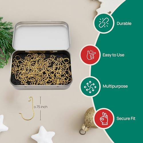 Gold Brass Christmas Ornament Hooks for Hallmark, 100 Set Tin, Large - Image 3