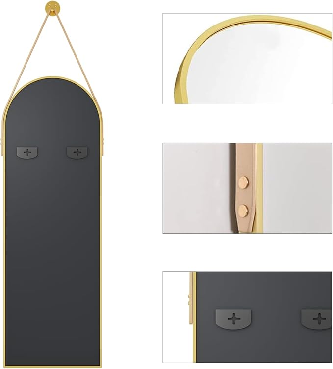 OGCAU 48'' x 16'' Full Length Mirror Wall-Mounted, Full Body Hanging Mirror for Wall and Door in Bedroom, Living Room, Arched-top with Straps, Hanging with Aluminum Alloy Frame (Gold)