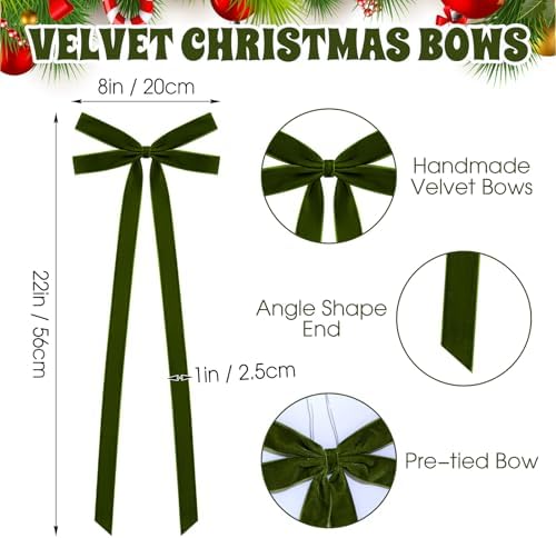 10 Pcs Moss Green Velvet Bows 22"x8" Pre-Tied Christmas Ornaments - Image 2