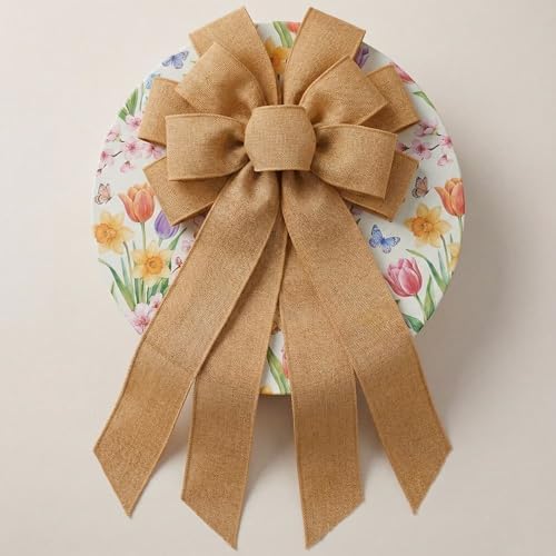 Dark Beige Large Bow for Wreath Tree Topper 11x21 Inch Linen Texture Wired Ribbon Big Bows for Front Door Rustic Farmhouse Vintage Decor Gift - Image 3