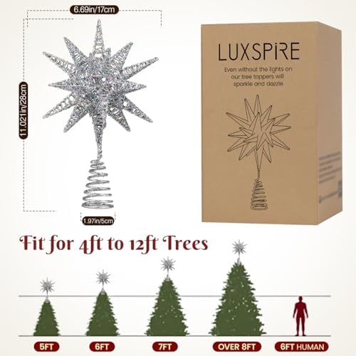 Luxspire Christmas Tree Topper, 3D Starburst Lighted Tree Topper, Plug in Christmas Star with Timer, Light Up Xmas Vintage/Modern Decorations for Holiday, Silver - Image 5