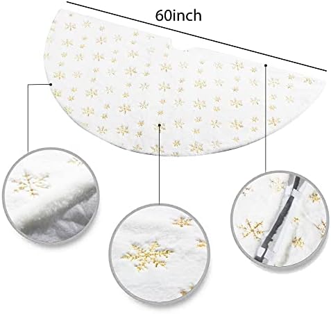 Christmas Tree Skirt 60 inch Large Snow White Soft Faux Fur Skirt with Golden Sequin Snow Flakes Xmas Holiday Home Party Decorations - Image 3
