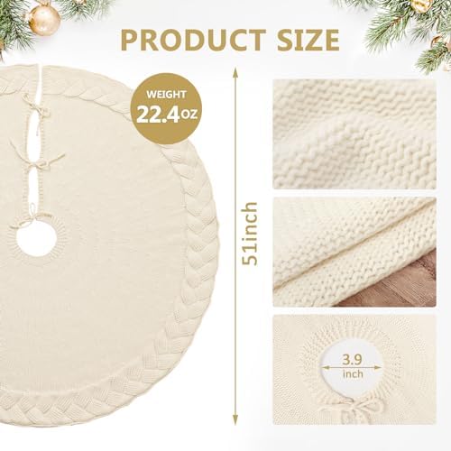 NIBESSER Knit Christmas Tree Skirt White 48" - Ivory Knitted Mat for Christmas Decorations, Yarn Thick Rustic Cable Knit Tree Skirt for Home Party Ornaments - Image 2