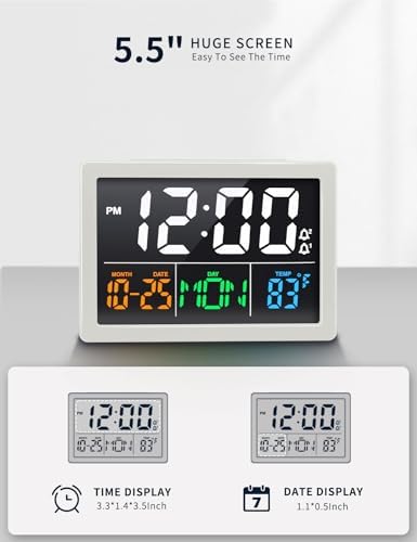 JALL Digital Clock with Date Day for Seniors, Electric Alarm Clocks for Bedrooms with Temperature, 2 Alarms, Dimmer, Dual USB Charger, Battery Backup, Volume Control, Snooze, Bedside Desk Clock, White - Image 2