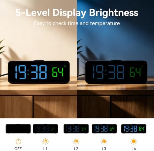 Netzu 2-in-1 Digital Alarm Clocks for Living Room Bedroom | Small Clock with Temperature & Time Display - RGB Display, 4 Levels & off Birghtness, 3 Volumes, Plug-in Use, Compact, Snooze - Image 4