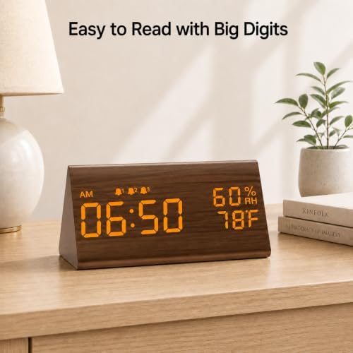 JALL Wooden Digital Alarm Clock for Bedrooms and Office, 3 Alarms with Big Digits, Humidity and Temperature Display, 6-Level Dimmer, Snooze, Loud Desk Clock for Heavy Sleepers, Plug in (Brown) - Image 2