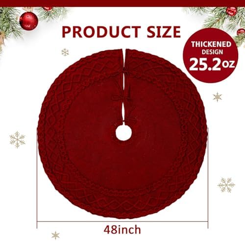 NIBESSER Red Knit Tree Skirt 48" Christmas Tree Skirt Knitted Mat Christmas Decorations Yarn Thick Rustic Cable Knit Tree Skirt for Home Party Holiday Ornaments - Image 2