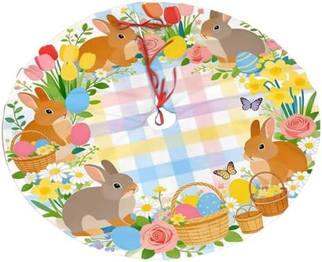 Christmas Tree Skirt, Happy Easter Colorful Easter Egg Bunny Grass On Blue Wooden Xmas Large Tree Mat, Party Decorations 36" inches by Mount+Hour