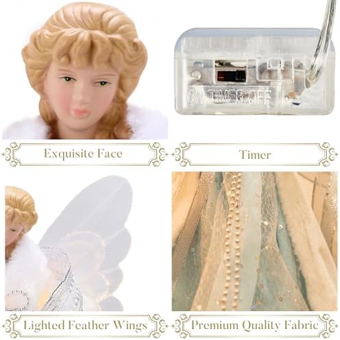 Valery Madelyn Lighted Christmas Tree Topper Angel with Timer, 16 Inch Blue and Silver Fabric Angel Tree Topper with Lights for Christmas Tree Decoration Indoor, Battery Operated - Image 5