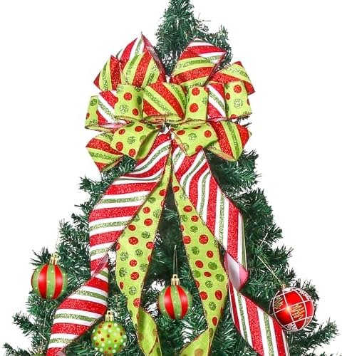 Christmas Tree Topper Wreath Bow Large Green Christmas Bow Tree Topper with Red Green Dot Patterned Gift Bows for Xmas Ornament Holiday Home Thanksgiving Indoor/Outdoor Decoration 52"x13" by Sailup