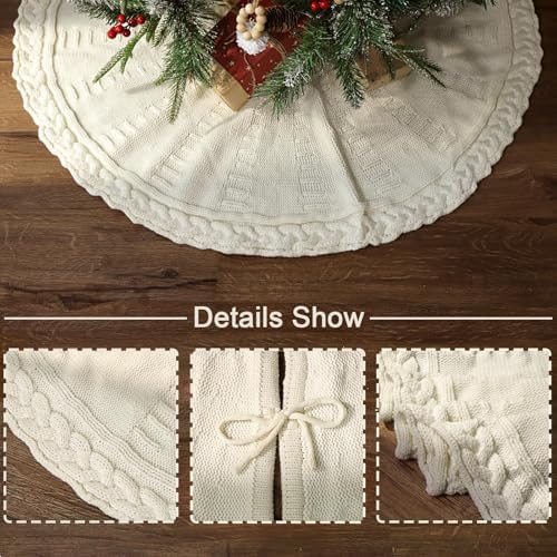 36 Inch Christmas Tree Skirt: Pencil Tree Skirt for 6FT Tree, Braided Cable Knit Cream White Small Tree Skirt, Vintage Tree Skirts, Rustic Farmhouse Christmas Decorations - Image 3