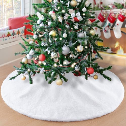 Large Tree Skirt 48 inch White Christmas Tree Skirts Faux Fur Christmas Skirt Tree by MokoHouse