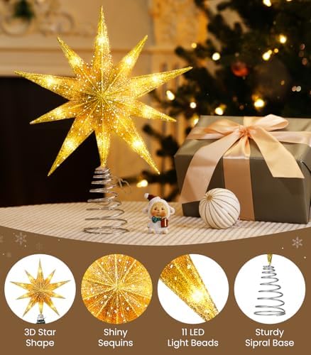 Luxspire Christmas Tree Topper, Lighted Star Tree Topper with USB Plug-in & Remote Control, 9.8" Christmas Tree Star Lights for Home Holiday Decor, 6H Timer & 8 Lighting Modes, Gold - Image 4