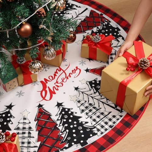Multiwins Christmas Tree Skirt 48 Inch, Red and Black Buffalo Plaid with Snowflake Design, Thick Flannel Fabric, Rustic Farmhouse Xmas Tree Skirt for Holiday Decorations, Indoor Christmas Party - Image 2
