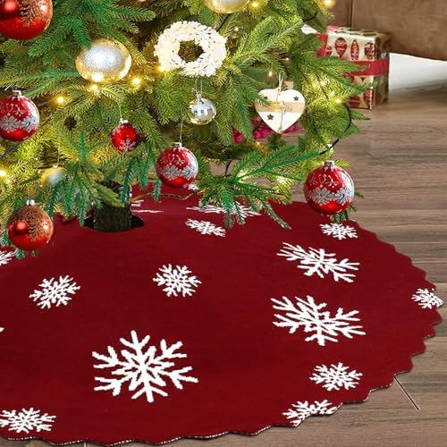 Christmas Tree Skirt, Snowflakes Xmas Tree Skirt, 48 inch Red Cable Knit Knitted Thick Farmhouse Rustic Christmas Tree Skirts Xmas Holiday Decoration (48in) by SOMYTING