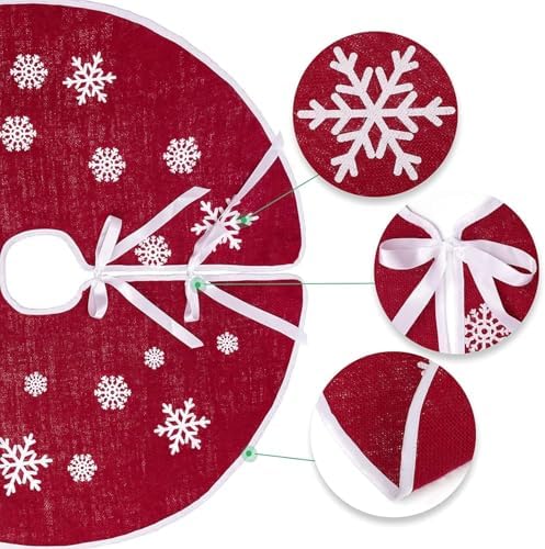 24 Inch Red Burlap Christmas Tree Skirt with White Snowflakes - Image 4
