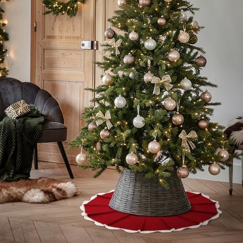 NIBESSER Red Knit Christmas Tree Skirt 48" for Christmas Decorations - Yarn Thick Rustic Cable Knit Tree Skirt Mat for Home Party Holiday Ornaments - Image 6