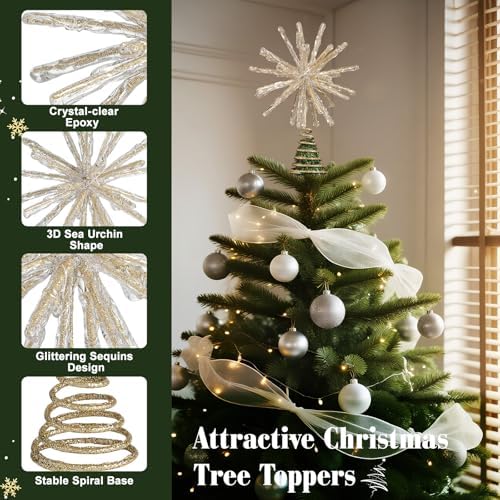 Lewondr Crystal Christmas Starburst Tree Topper with Lights, Gold - Image 4