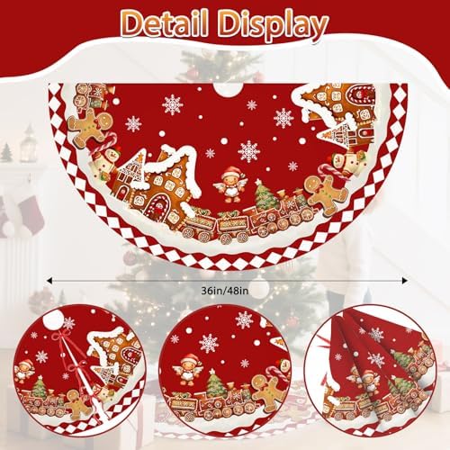 Red Gingerbread Christmas Tree Skirt Decorations House Decor Christmas Gingerbread Tree Ornaments Holiday Party Indoor Outdoor Xmas Trees Mat 36 inches - Image 2