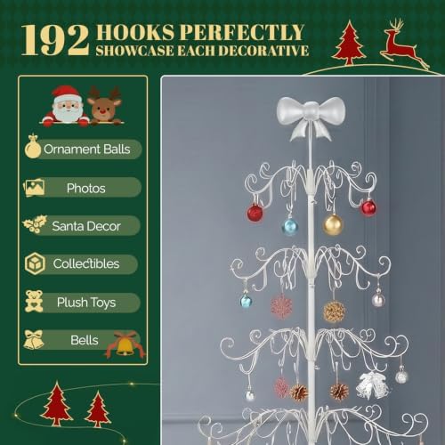 VINGLI 6ft Metal Christmas Ornament Tree Stand w/Bow Topper, 192 Branches, Decorative Iron Display Tree for Hanging Ornaments, Wrought Iron Christmas Tree Decoration for Holiday Home Decor, White - Image 3