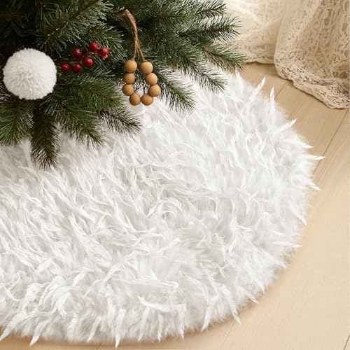 Mini White Faux Fur Christmas Tree Skirt 18 Inch with Long Feather Design, Luxurious Plush Xmas Tree Skirt for Holiday Decor, Winter Party, and Festive Home Decorations - 48cm by AtiMing