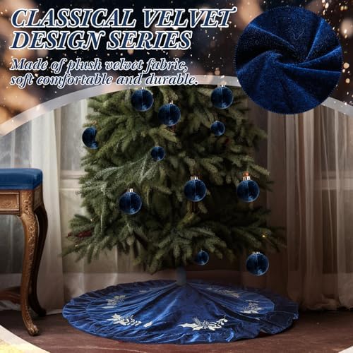 48 Inches Velvet Christmas Tree Skirt Blue with Gold Embroidered Holly Fur Plush Tree Skirt Luxury Xmas Skirts for Merry Christmas Party Vintage Holiday Decorations - Image 5