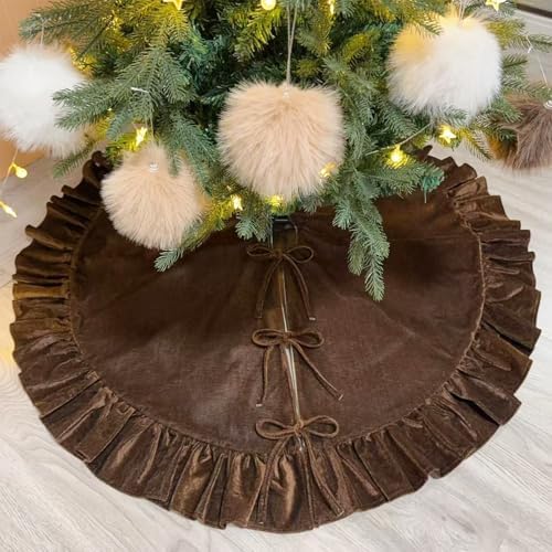 60 Inch Large Christmas Tree Skirt, Brown Velvet with Ruffled Edge for Big Trees Decorations for Home Party Festival - Image 5
