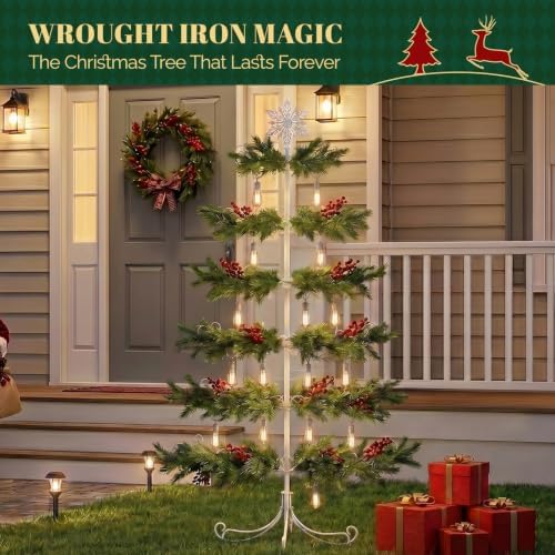 VINGLI 6ft Metal Christmas Ornament Tree Stand, Decorative Iron Display Tree w/ 192 Branches, Snowflake Topper, Ornament Display for Hanging Balls, Wrought Iron Xmas Tree Holiday Decorations, White - Image 4