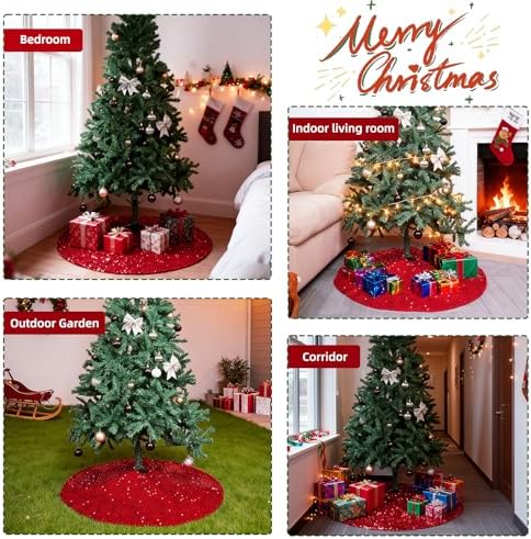 Christmas Tree Skirt 48 Inch, Red Sequin Christmas Trees Skirt, Large Sparkle Xmas Tree Stand Base Used for Christmas Holiday Indoor Home Decoration - Image 5