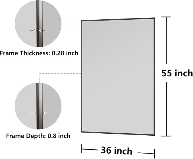 Koonmi Bathroom Mirror 36x55 Matte Black Rectangle Bathroom Mirror for Over Sink, Modern Large Vanity Mirror, HD Tempered Glass, Anti-Rust Aluminum Alloy Frame, for Living Room, Bedroom, Entryway