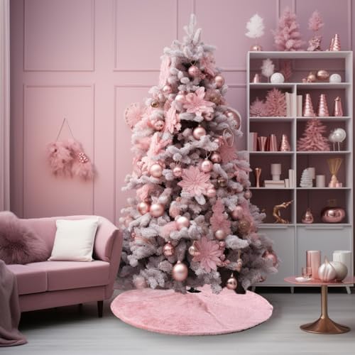 AOGU 48 Inch Faux Fur Christmas Tree Skirt Pink Shiny Plush Skirt for Merry Christmas Party Christmas Tree Decoration - Image 4