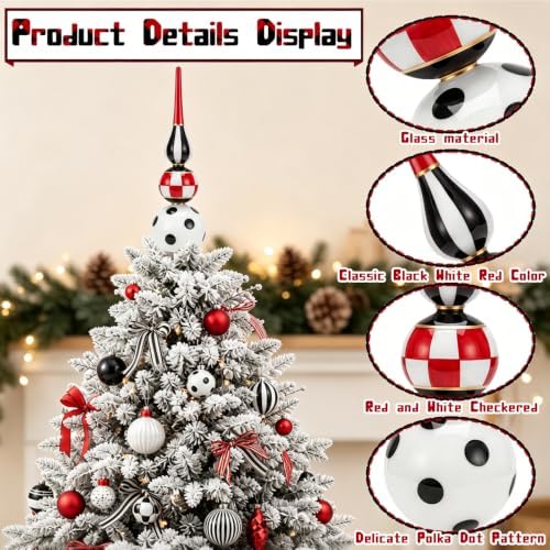 Roowest 13 Inch Black and White Checkered Glass Christmas Tree Topper Decor - Image 4