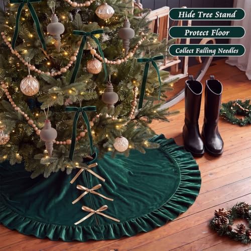 Velvet Christmas Tree Skirt, 48 Inches, Bow Style, Dark Green - Image 6